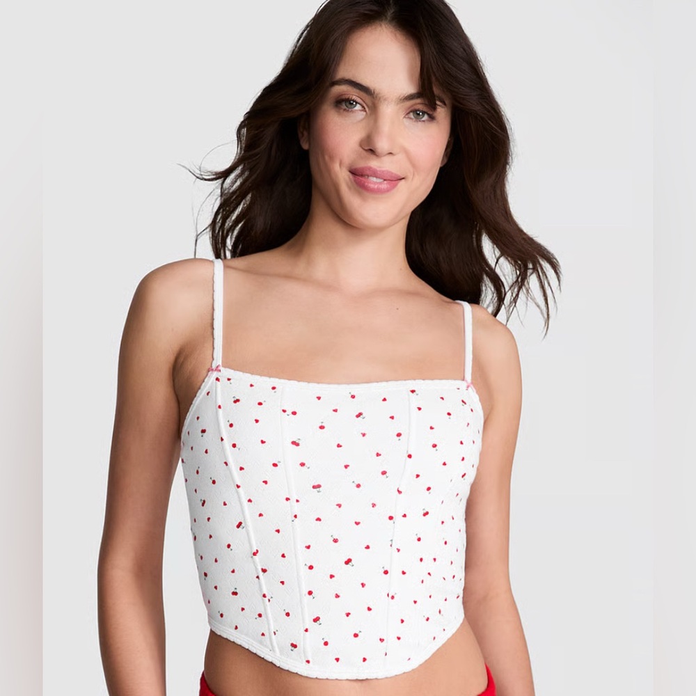LAST CHANCE- WILL DONATE M-DD Cotton Heart Pointelle Corset Top Cherries & Roses